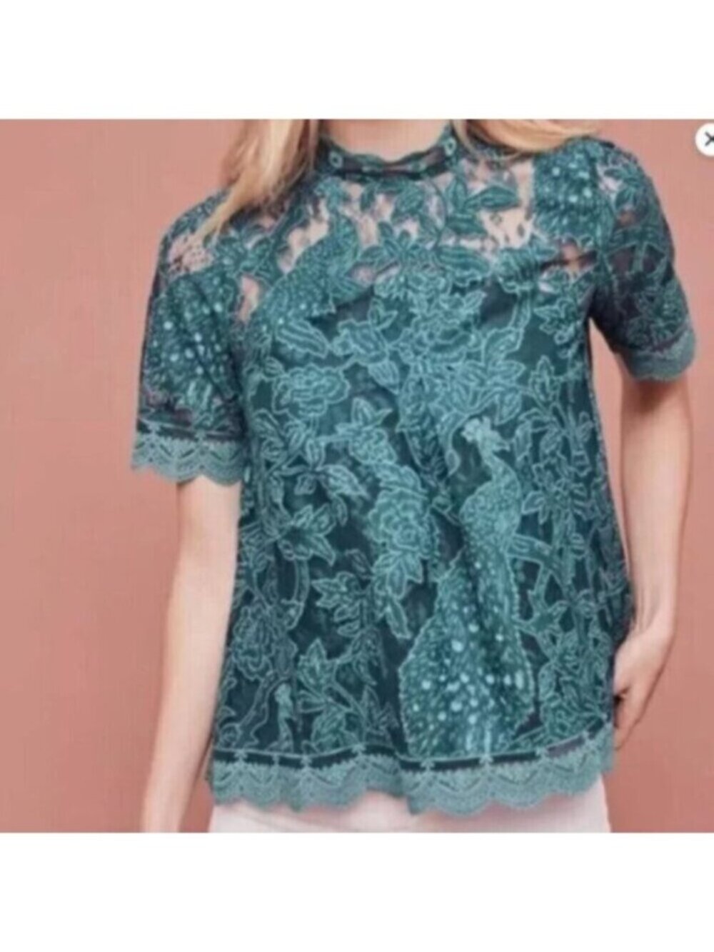 HD in Paris Anthropologie Lace Overlay Blouse Green Scallop Trim $118 Sz 10 - Picture 2 of 11